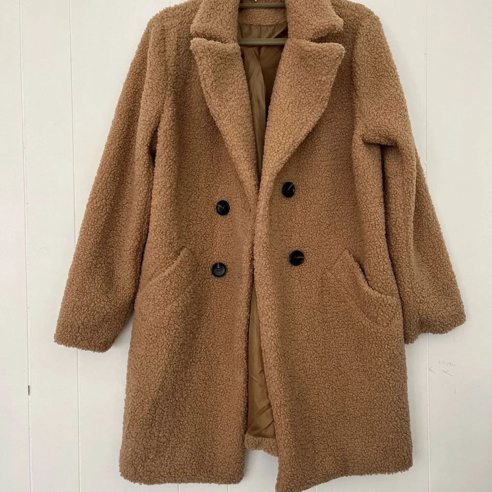 Flamingo Teddy Coat Carmel Women's Double-Breasted Coat Size - Picture 3 of 11